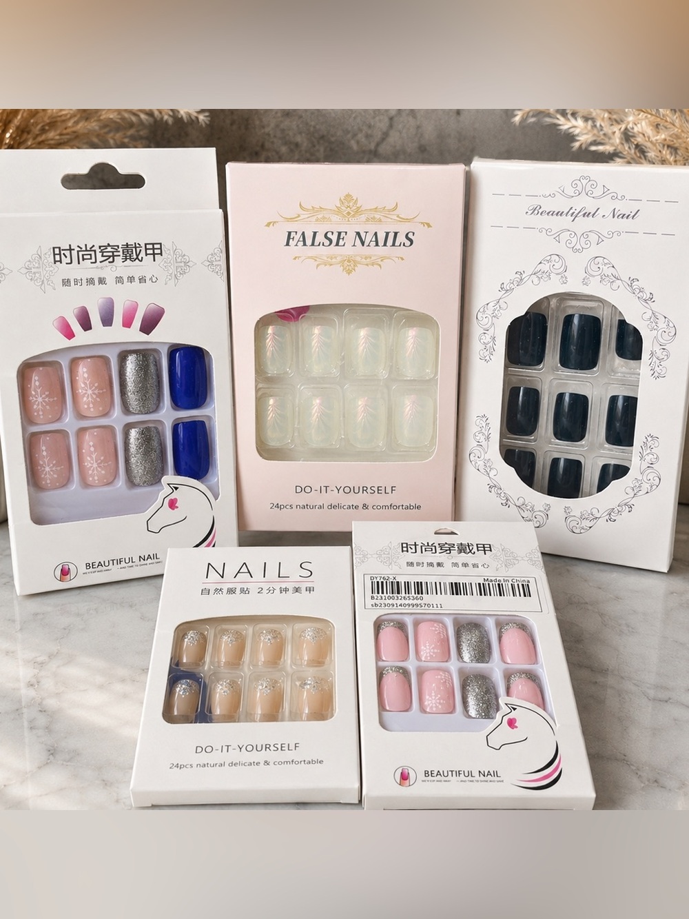 5pc Press On Nails Bundle Glitter Snowflake Neutral Black Pink Blue NEW